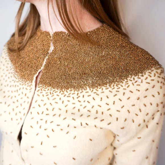 VINTAGE Caritas Cream Beaded Knit Cardigan - Picture 2 of 7